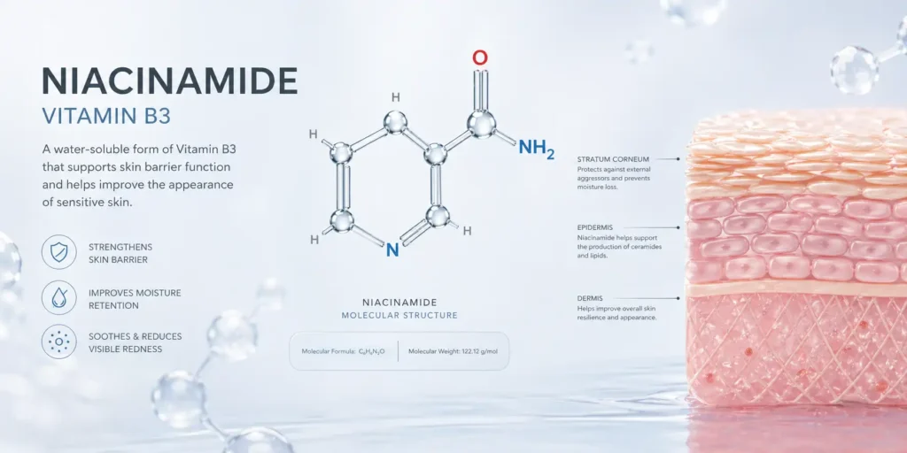 Niacinamide vitamin B3 molecular structure illustration for sensitive skin science