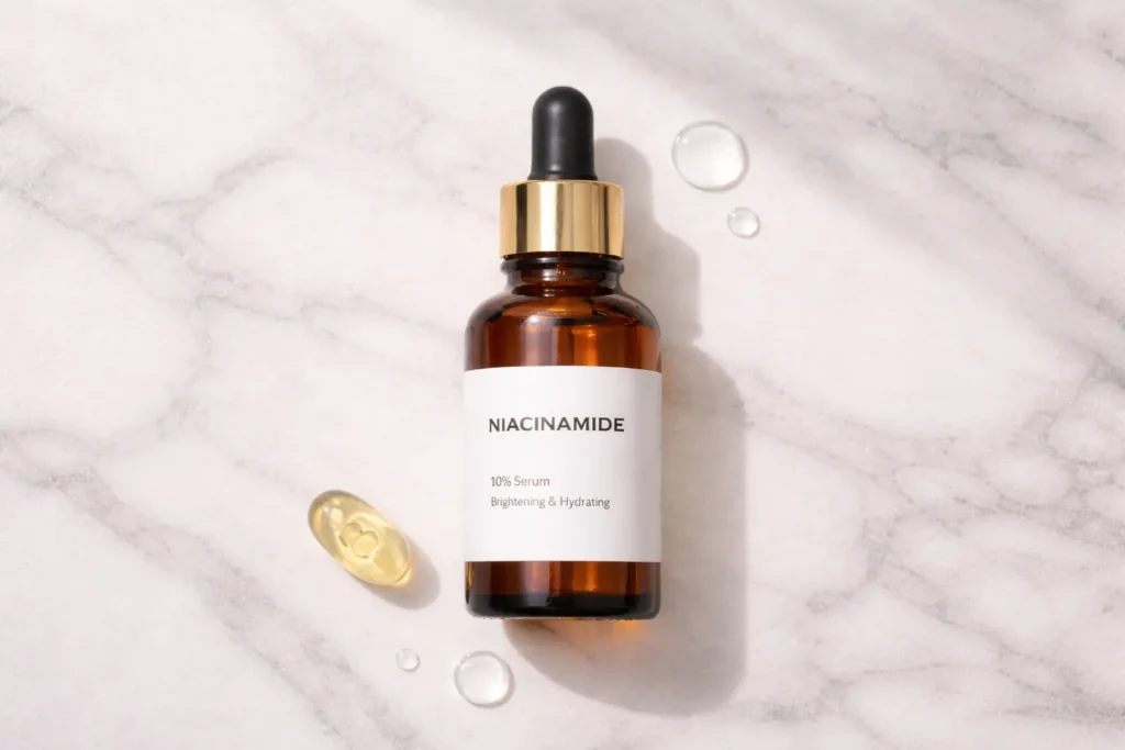 Niacinamide vitamin B3 serum dropper bottle for rosacea-prone skin.