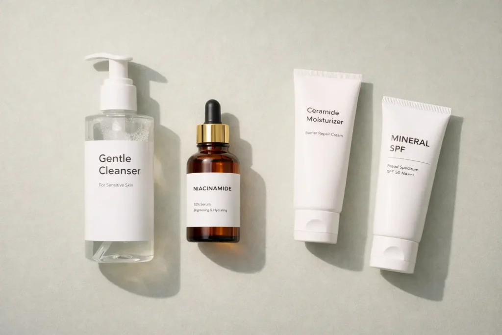 Minimalist rosacea skincare routine featuring niacinamide serum and mineral SPF