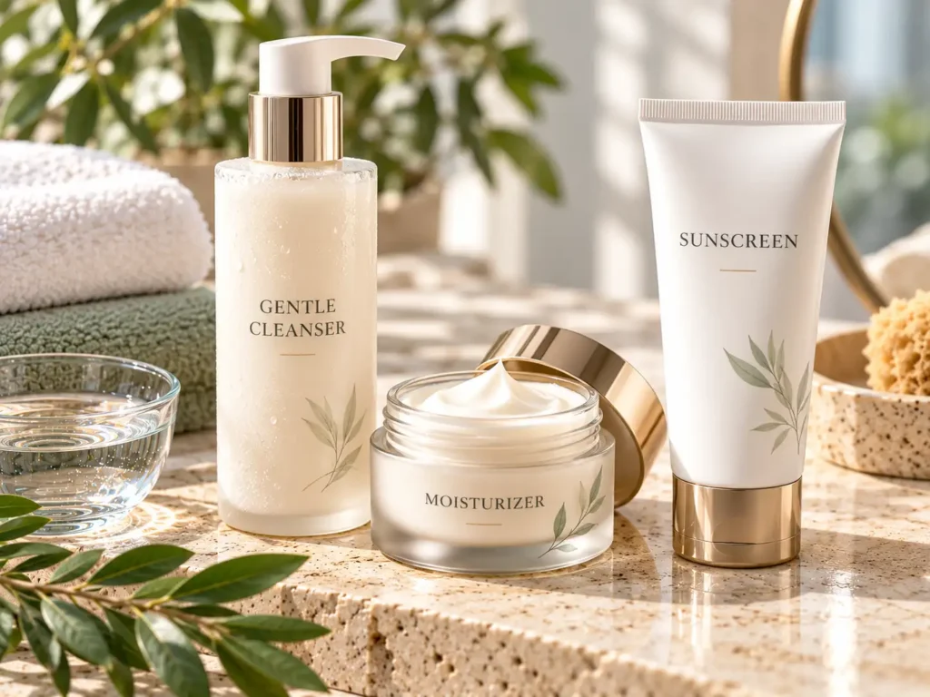 Gentle cleanser, moisturizer, and sunscreen arranged as a simple skincare routine