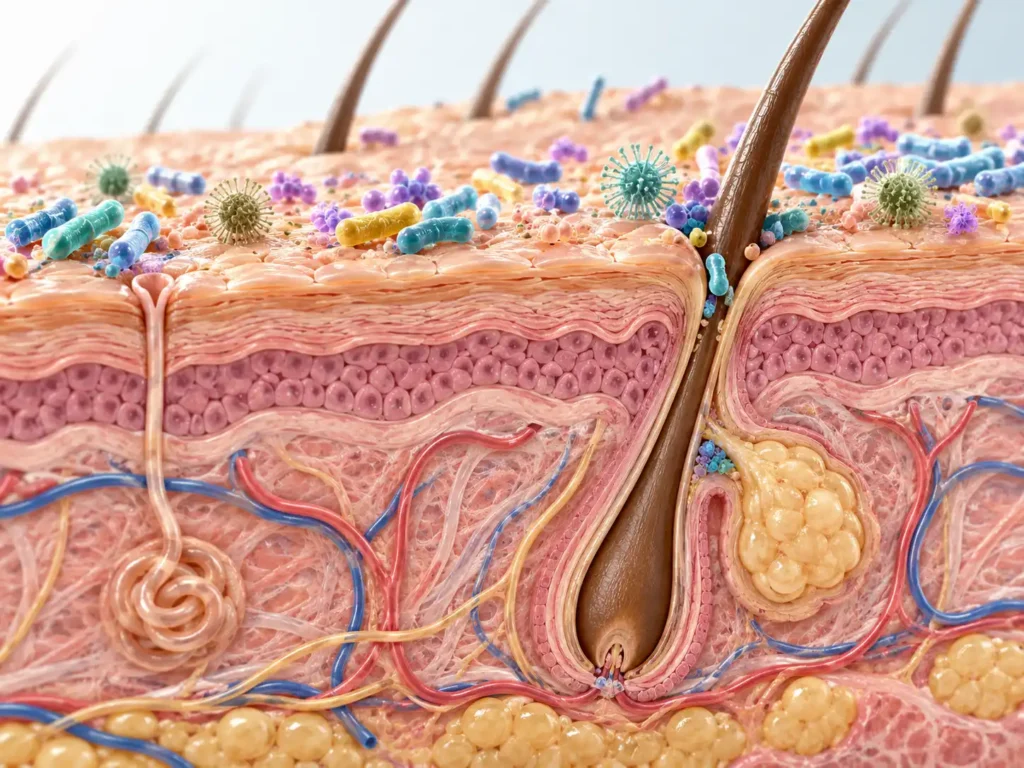 skin-microbiome-skin-and-how-to-protect-it-skin-cross-section Scientific illustration of skin layers and microorganisms near the skin surface