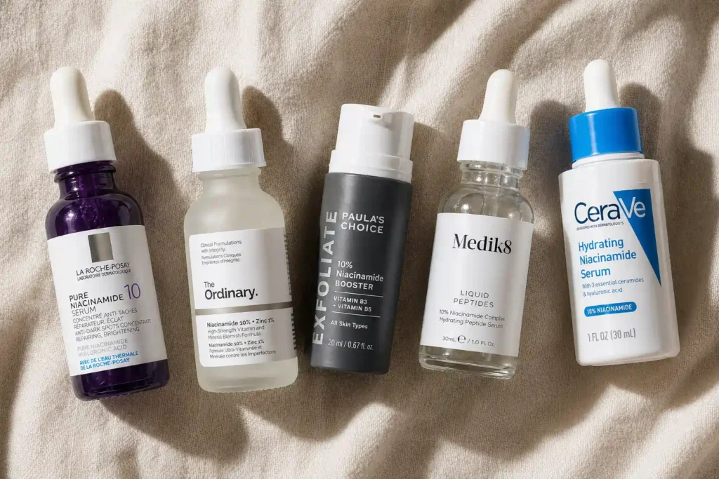 Top-rated niacinamide serums for sensitive skin in 2026 arranged in a flat lay