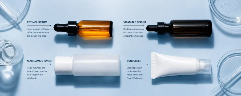 The four scientifically proven skincare ingredients: retinoids, Vitamin C, niacinamide, and broad-spectrum SPF — dermatologist-backed essentials for 2026