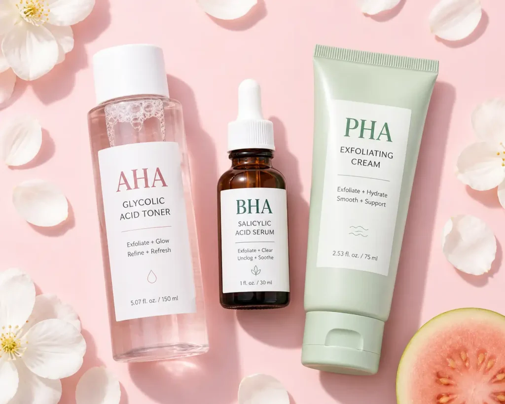 AHAs, BHAs, and PHAs — the three types of chemical exfoliants explained: glycolic acid, salicylic acid, and PHA for every skin type