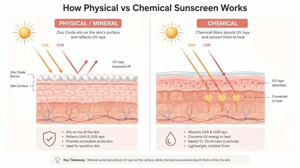 Diagram showing how physical mineral sunscreen blocks UV rays versus how chemical sunscreen absorbs UV radiation