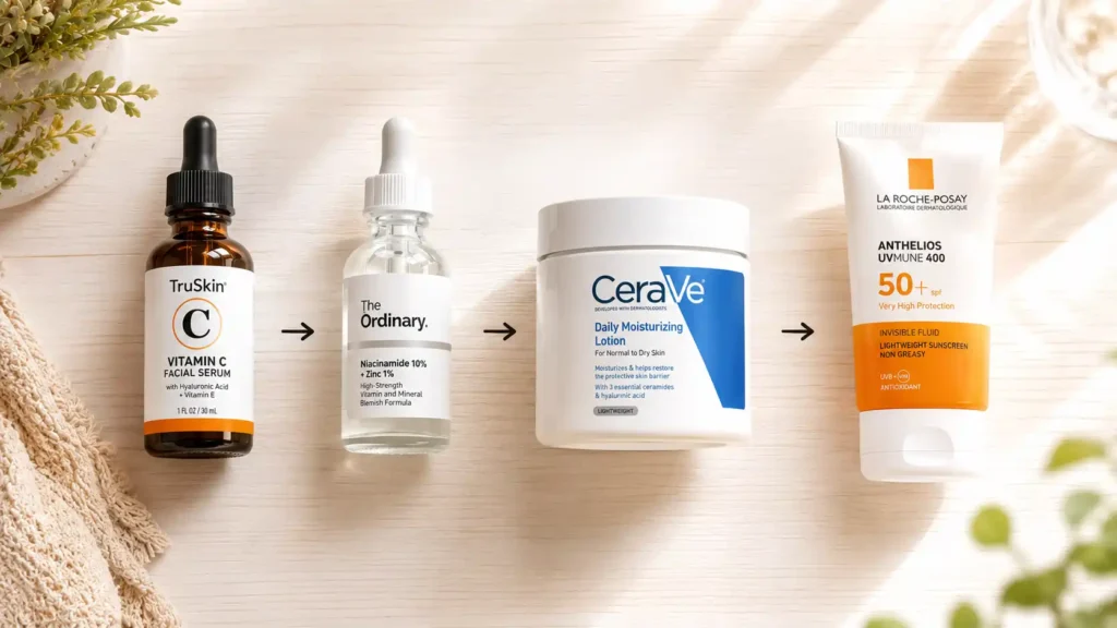 Morning skincare active routine showing vitamin C, niacinamide, moisturizer, and SPF in correct layering order on pale wood