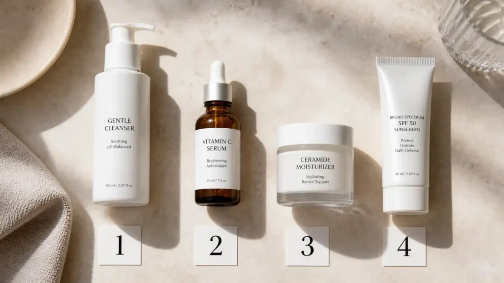 Four-step morning skincare routine in order — cleanser, Vitamin C serum, ceramide moisturizer, and SPF — the dermatologist-recommended approach for 2026