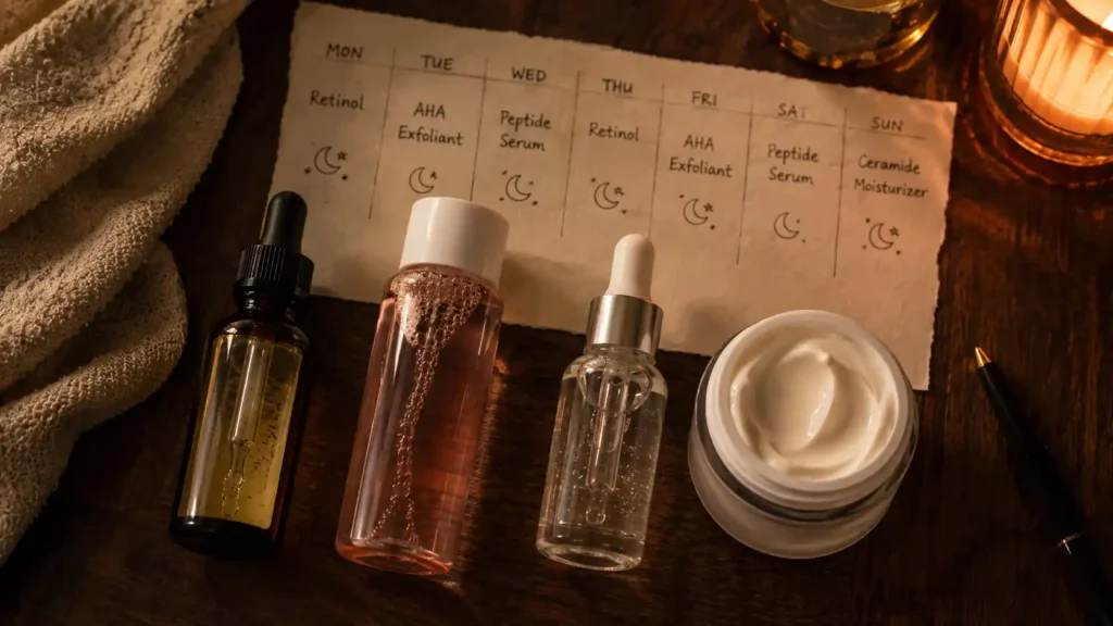 Nighttime skincare rotation routine showing retinol, AHA exfoliant, peptide serum, and ceramide moisturizer with a weekly planner prop