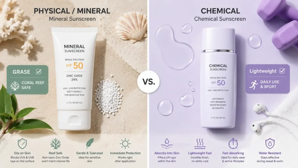 Side by side comparison of physical mineral sunscreen and chemical sunscreen pros and cons visual guide