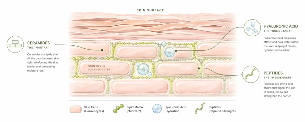 Illustrated diagram of the skin barrier showing how ceramides, hyaluronic acid, and peptides work together to build healthy skin