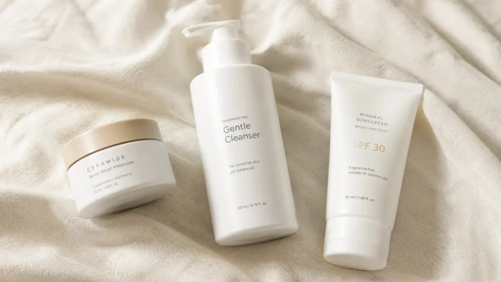 how-to-layer-skincare-actives-without-irritation Minimalist skin barrier repair routine showing ceramide moisturizer, fragrance-free cleanser, and mineral SPF on cream linen