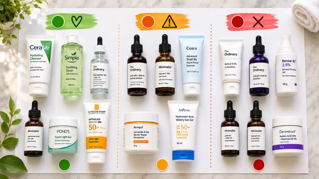 Color-coded skincare active ingredient compatibility guide showing safe, caution, and avoid pairings for 2026 routines