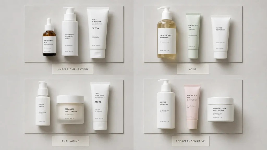 how-to-layer-skincare-actives-without-irritation - Four-panel skincare routine guide organized by skin concern — hyperpigmentation, acne, anti-aging, and rosacea — with labeled product flat lays