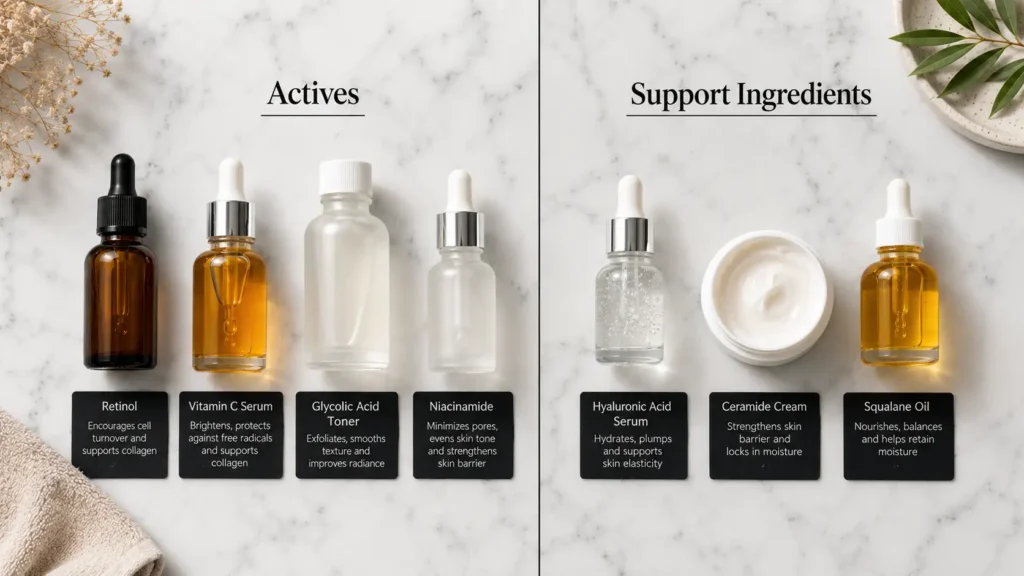 Split flat lay comparing active skincare ingredients versus passive support ingredients on white marble with label cards