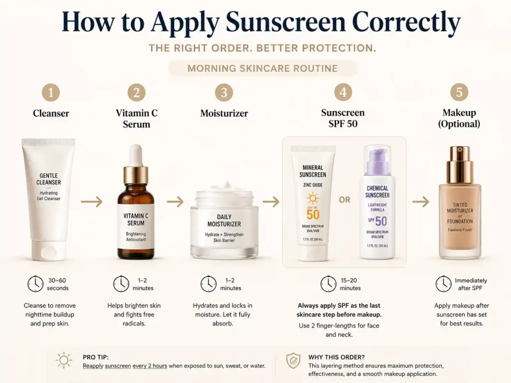 physical-vs-chemical-sunscreen-pros-cons Illustrated morning skincare layering order showing where to apply physical or chemical sunscreen in your skincare routine 
