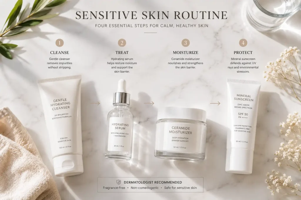 Simple dermatologist-approved skincare routine for sensitive skin
