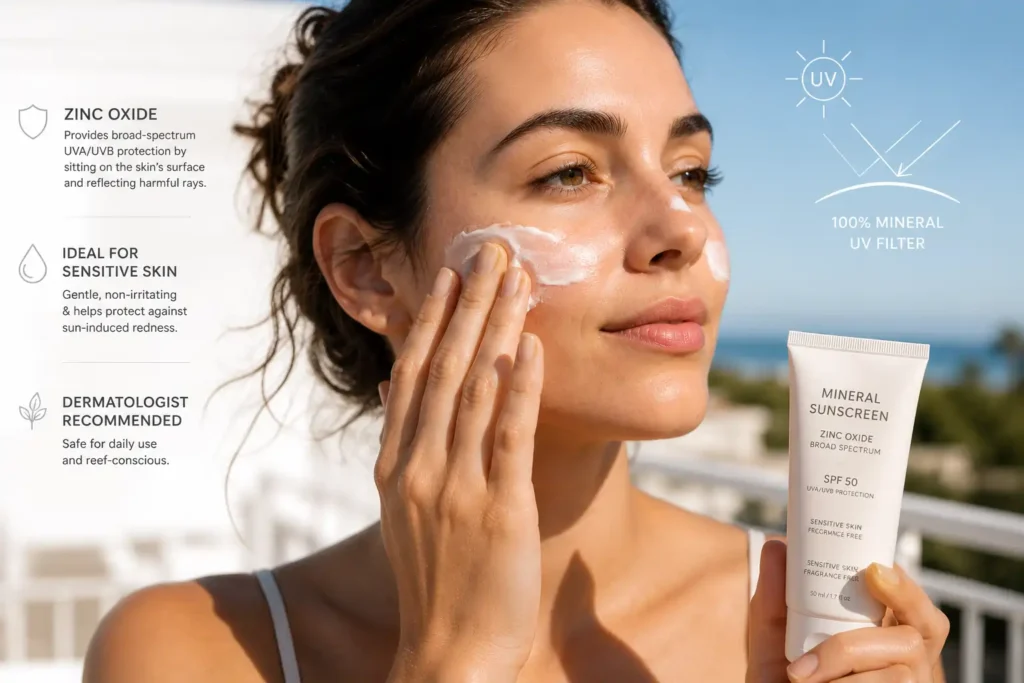 Woman applying zinc oxide mineral sunscreen to protect sensitive skin