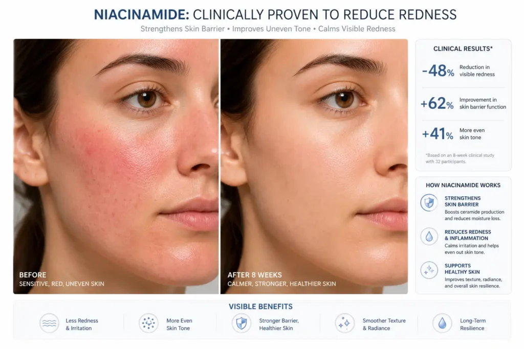 Niacinamide helping reduce redness and improve skin barrier function