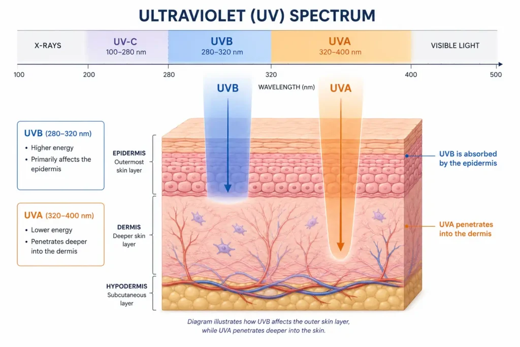 Diagram showing how UVB rays affect the epidermis and UVA rays penetrate deeper into the dermis
