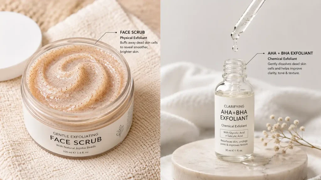 the-ultimate-guide-to-face-exfoliation: Physical scrub versus chemical liquid exfoliant comparison flat lay