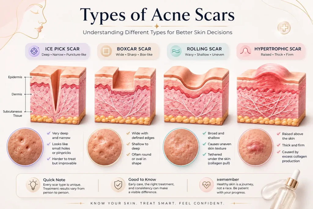 acne-scars-vs-post-inflammatory-hyperpigmentation Illustrated diagram comparing ice pick, boxcar, rolling, and hypertrophic acne scars