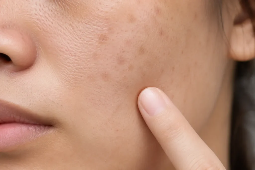acne-scars-vs-post-inflammatory-hyperpigmentationHand gently touching cheek to check for acne scar texture versus flat hyperpigmentation