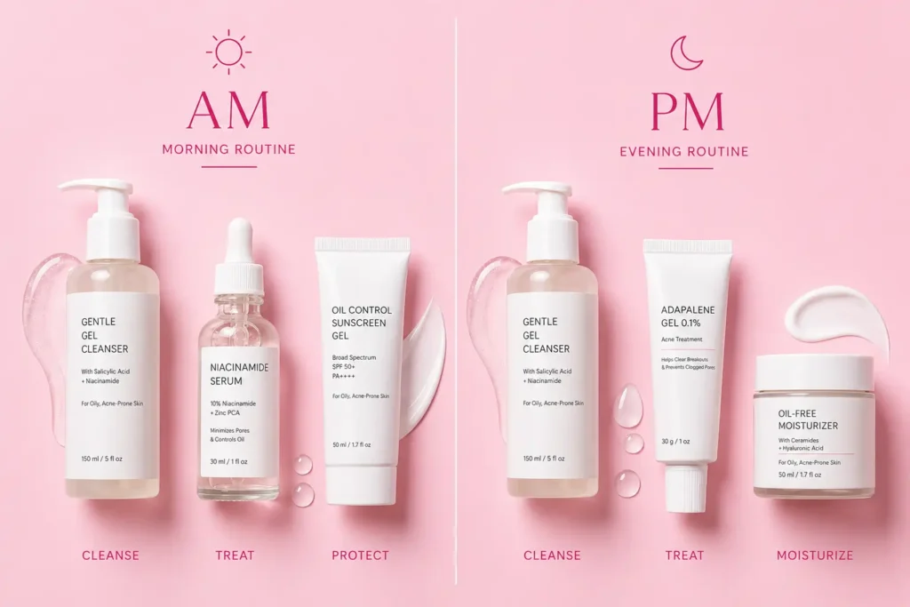 Morning and evening skincare routine layout for oily, acne-prone skin