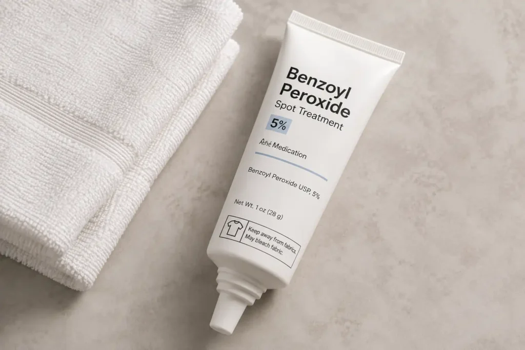 Benzoyl peroxide spot treatment tube next to a white towel