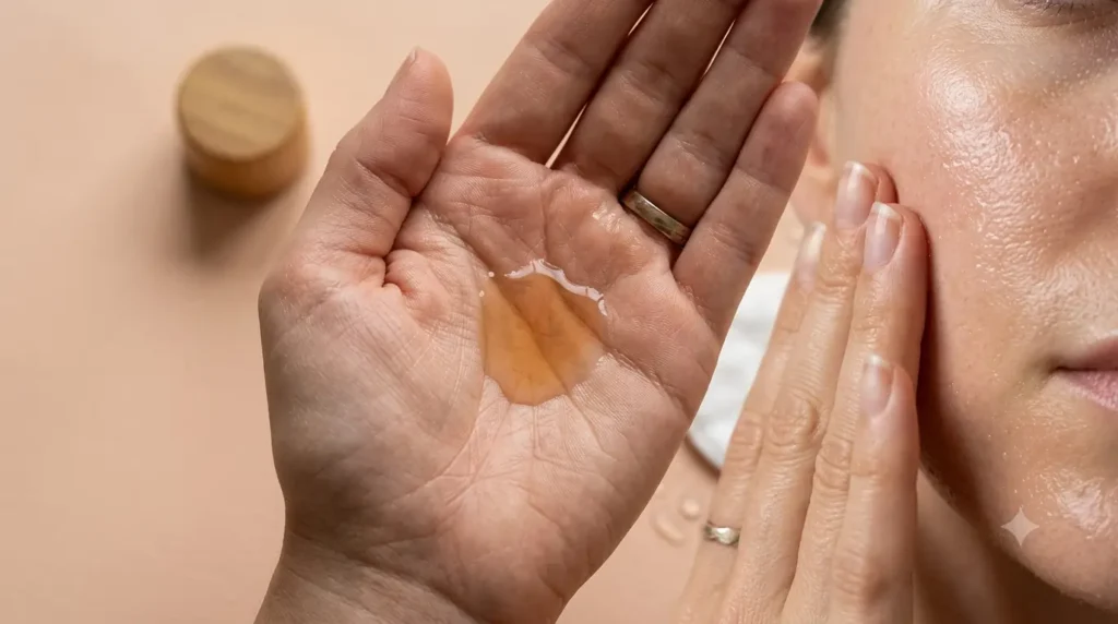 Applying hydrating toner with hands during a skincare routine
