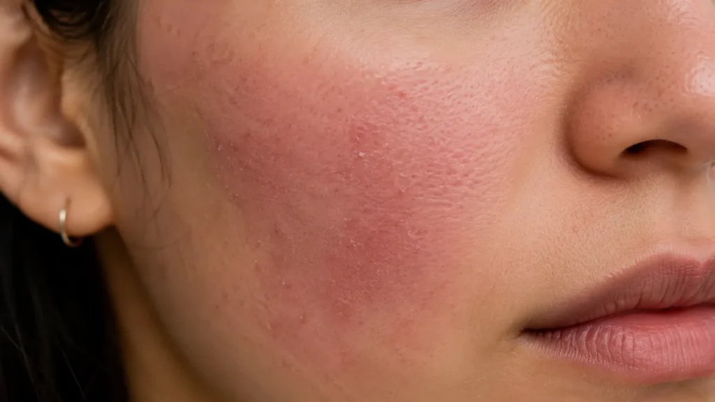 Close-up of irritated skin from over-exfoliating
