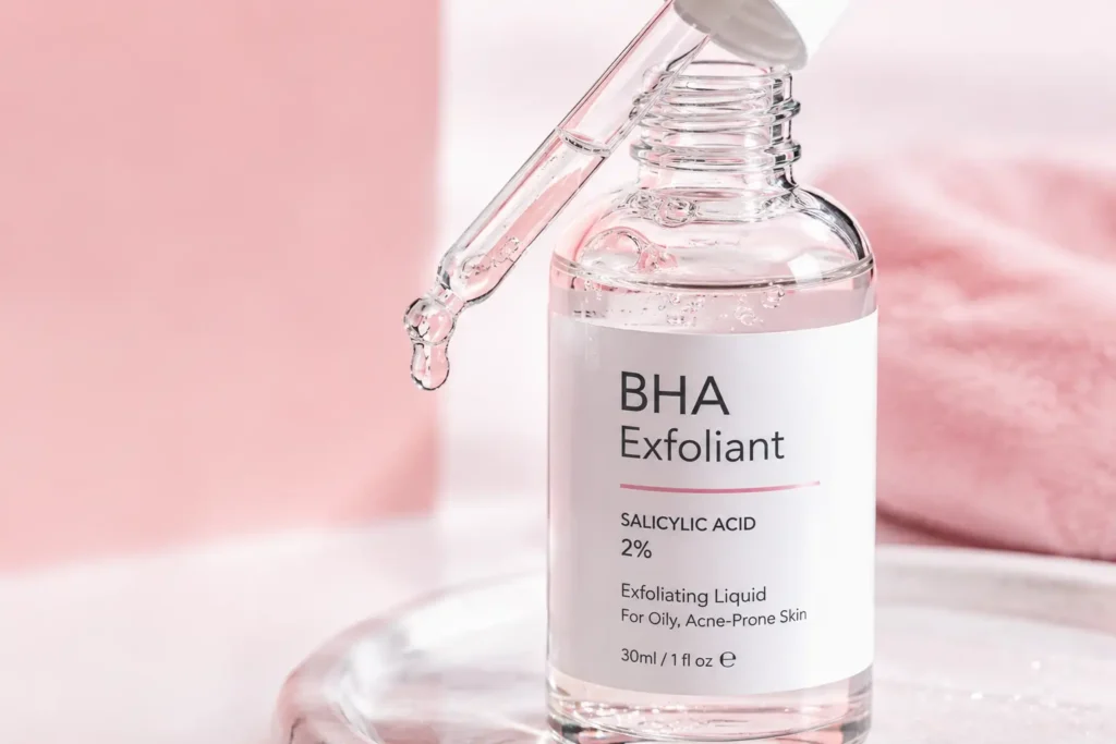 Dropper bottle of salicylic acid exfoliating serum for oily, acne-prone skin