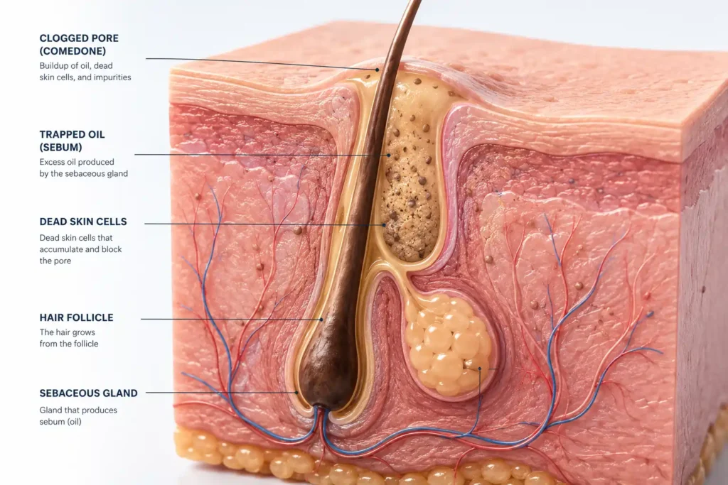 Diagram showing how trapped oil and dead skin cells clog a pore and lead to acne