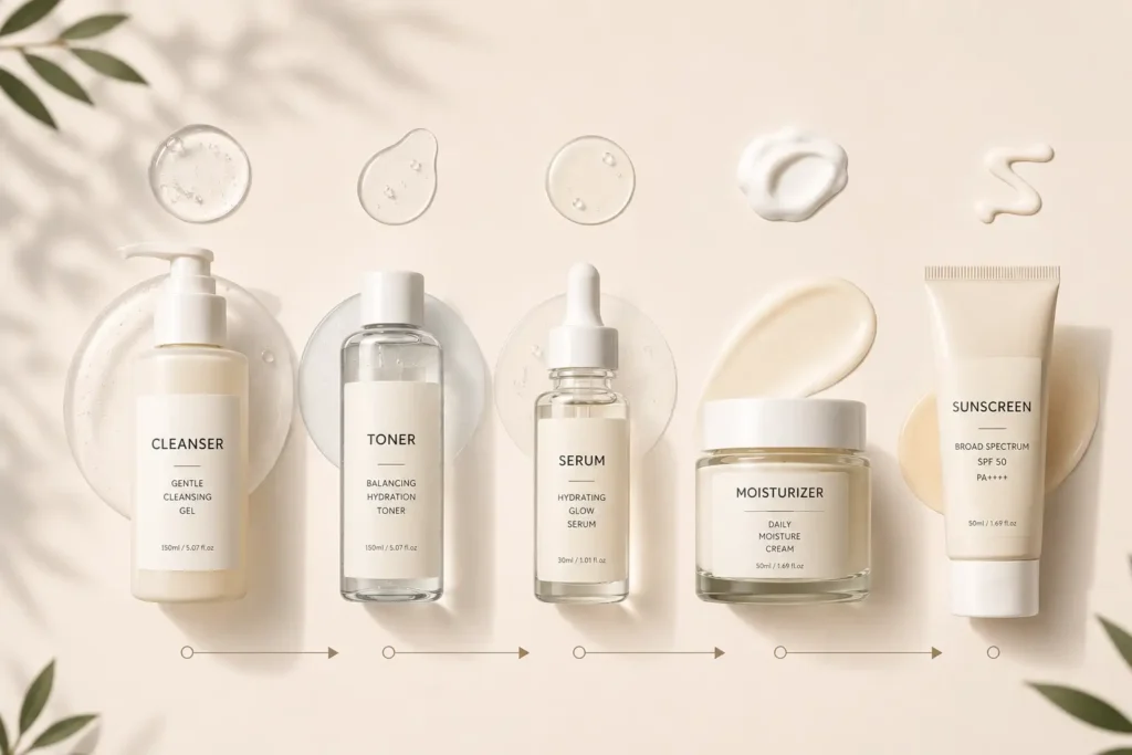 a-complete-anti-aging-skincare-routine-2026 Diagram showing skincare product layering order from thinnest to thickest texture