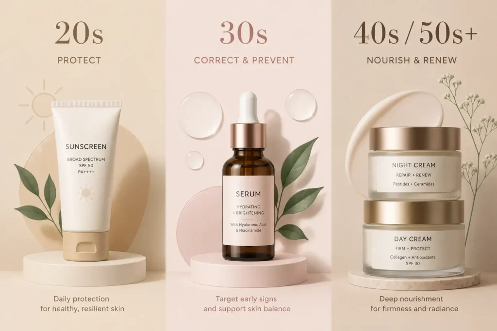 Illustration comparing skincare routine focus across the 20s, 30s, and 40s and 50s