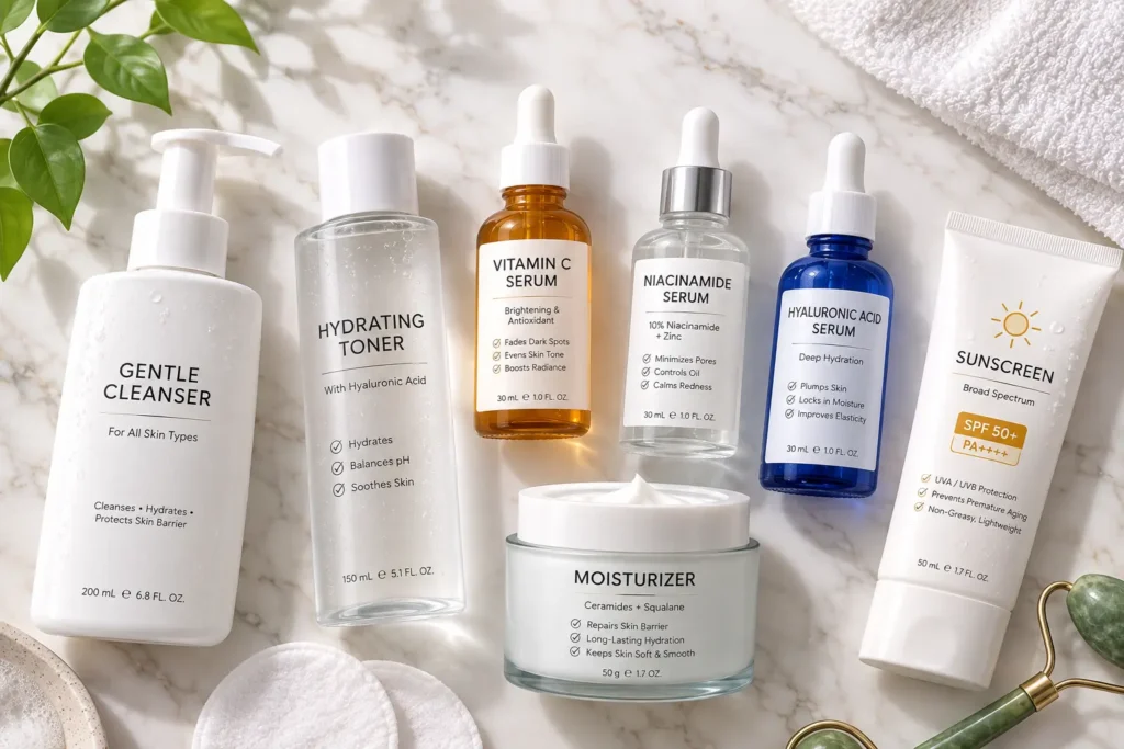 acne-scars-vs-post-inflammatory-hyperpigmentation Flat lay of azelaic acid, vitamin C, and niacinamide skincare bottles for hyperpigmentation