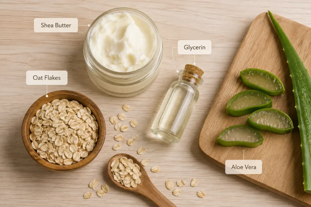 Skincare ingredients including glycerin, shea butter, and oat extract for dry skin