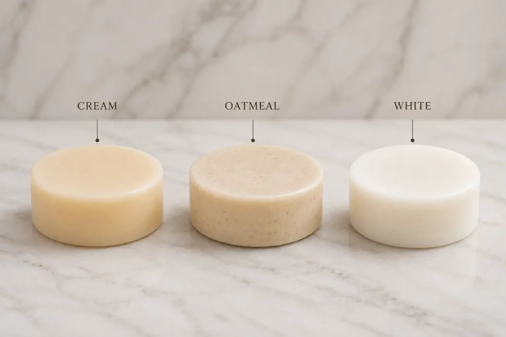 Three unlabeled cleansing bars for dry, sensitive facial skin arranged for comparison