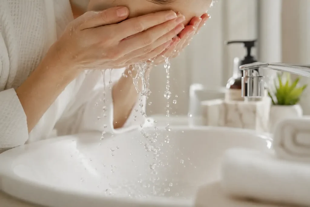 Person gently washing their face with lukewarm water using fingertips