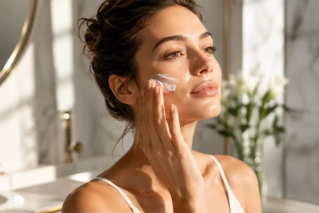 Person applying sunscreen as the final step of a morning anti-aging skincare routine