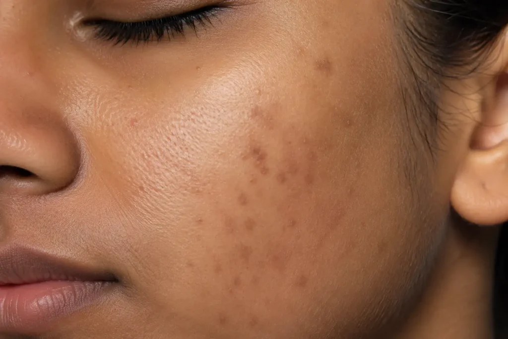 Acne Scars vs. Post-Inflammatory Hyperpigmentation Close-up of post-inflammatory hyperpigmentation dark spots on medium-deep skin tone