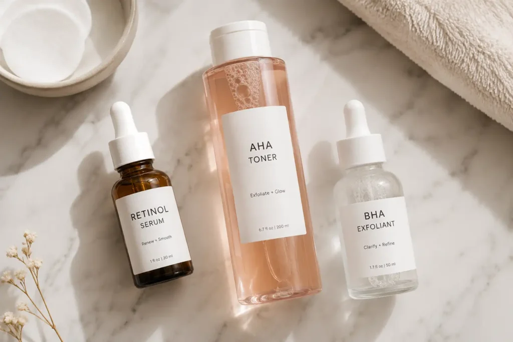 skin purging vs breakout Flat lay of skincare products containing ingredients known to cause purging