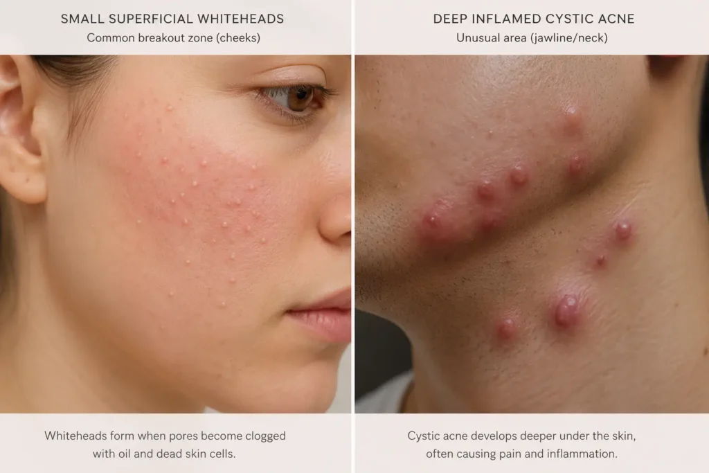 Visual comparison of purging blemishes versus a true breakout