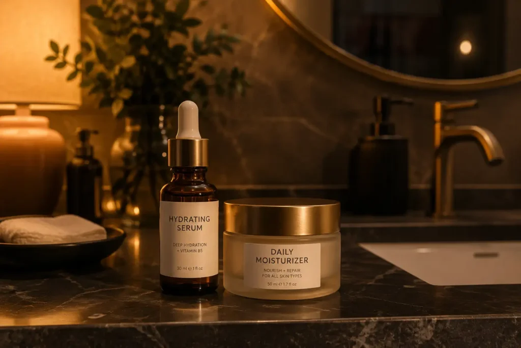Dropper bottle of retinol serum next to a nighttime moisturizer on a bathroom counter