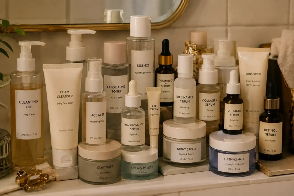 Overloaded skincare shelf representing common anti-aging routine mistakes