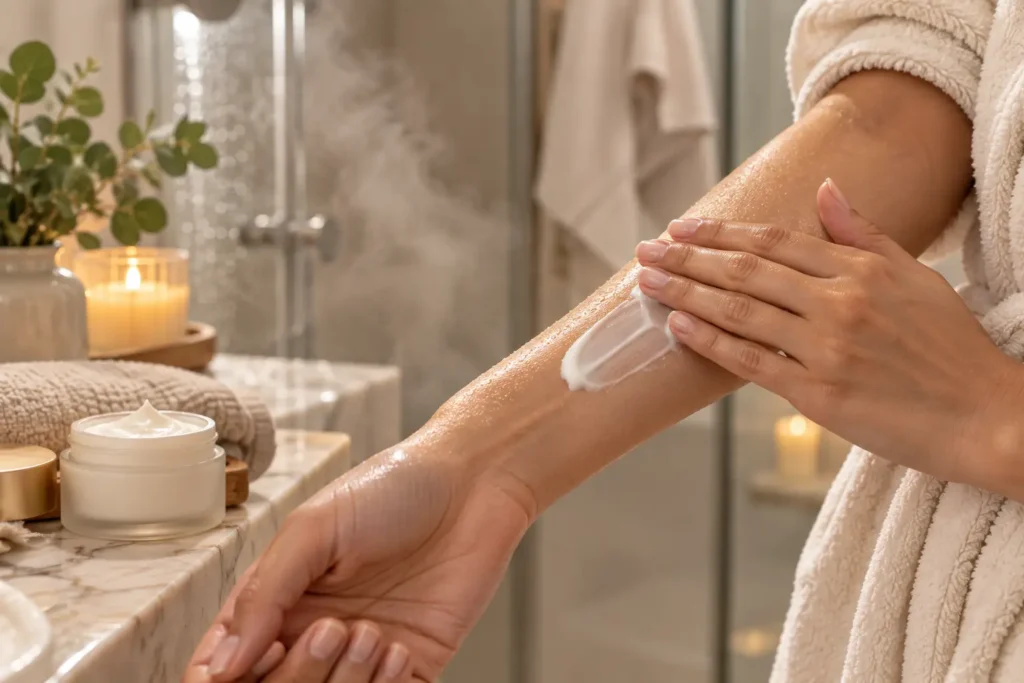 Applying body moisturizer within minutes of showering to lock in hydration