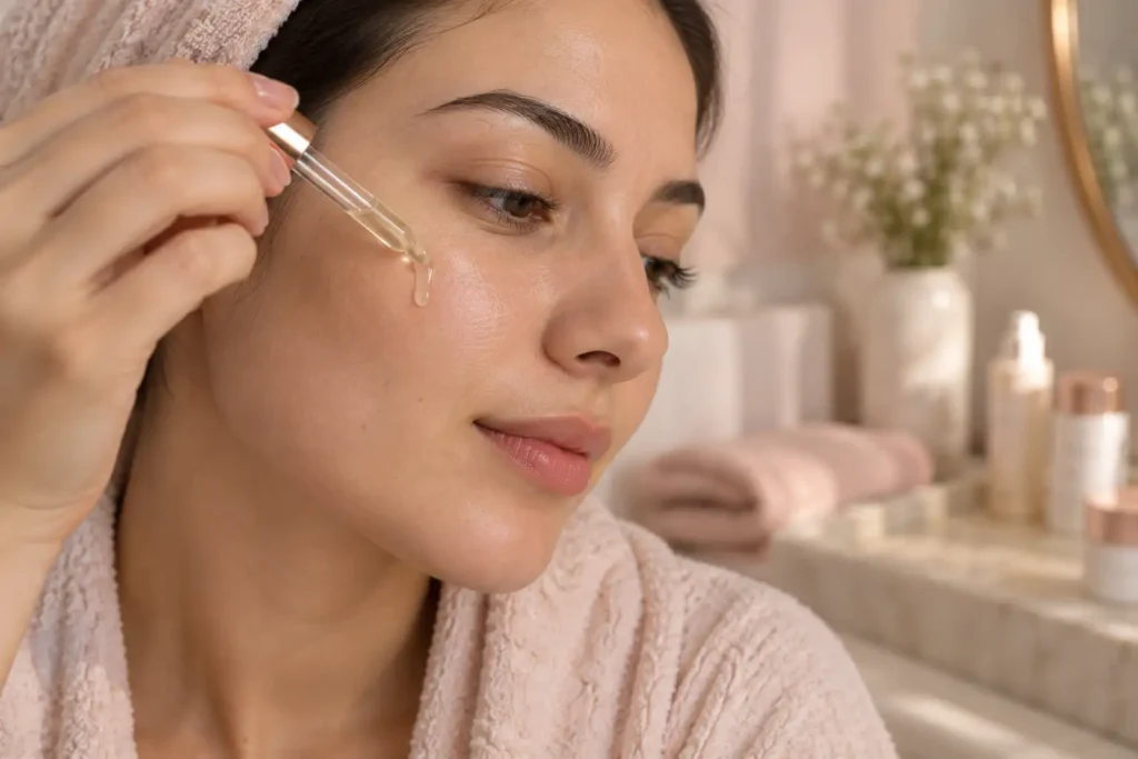 Woman applying azelaic acid serum to her cheek as a pregnancy-safe skincare swap
