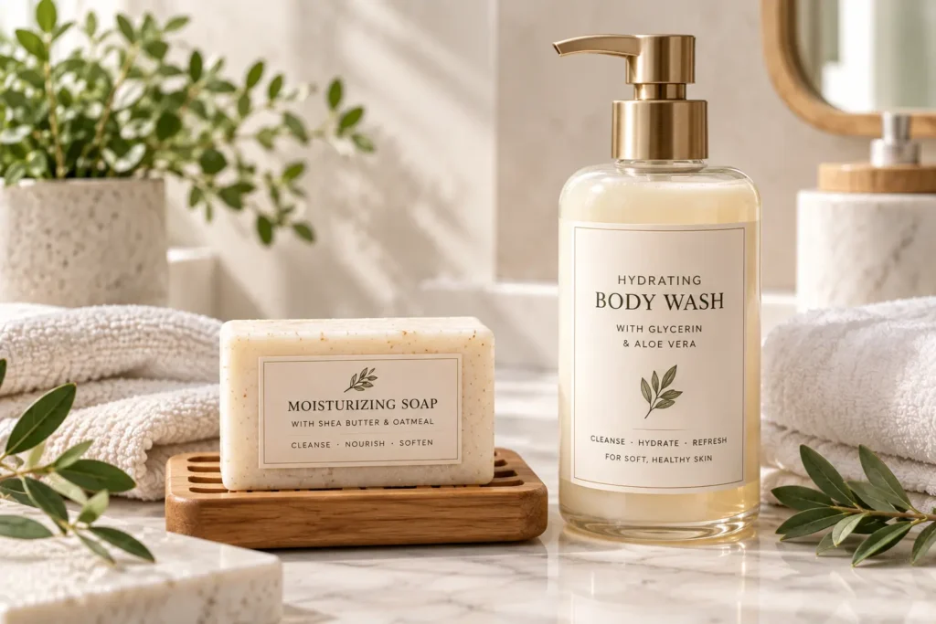 Bar soap and liquid body wash side by side for dry skin comparison