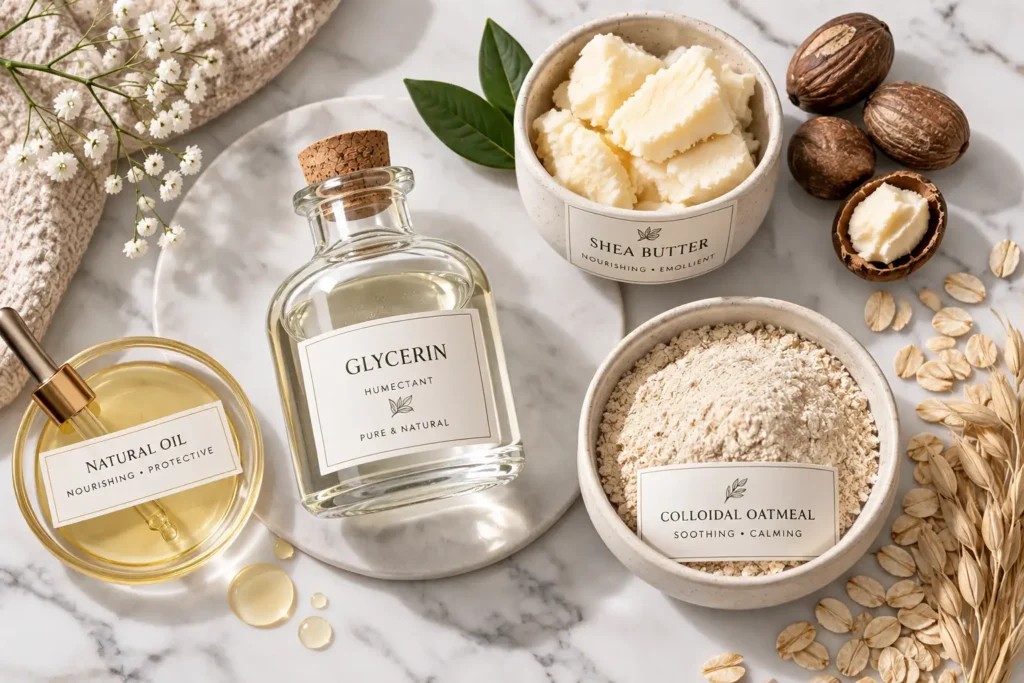 Key hydrating soap ingredients including glycerin, shea butter, and colloidal oatmeal