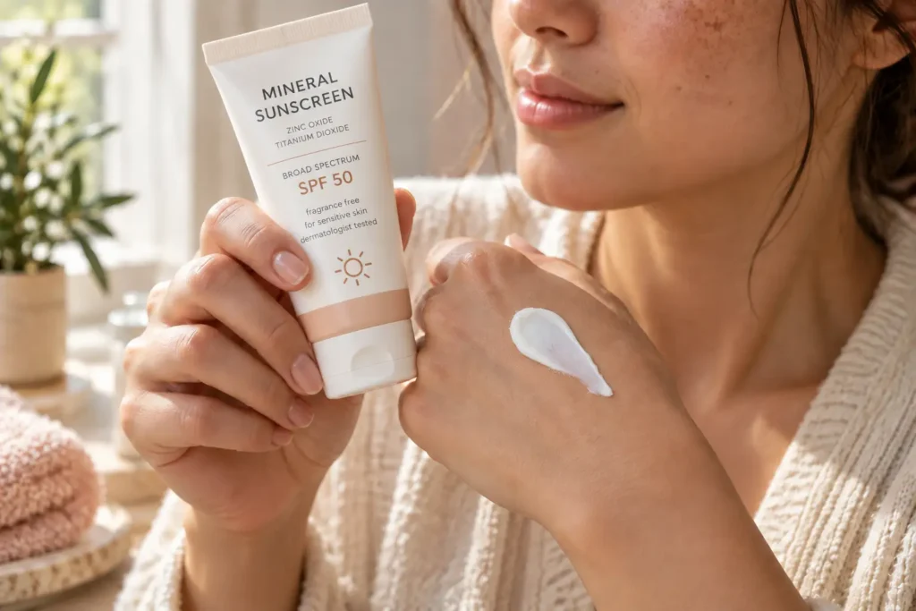Hand applying mineral sunscreen, representing sun protection for pregnancy melasma