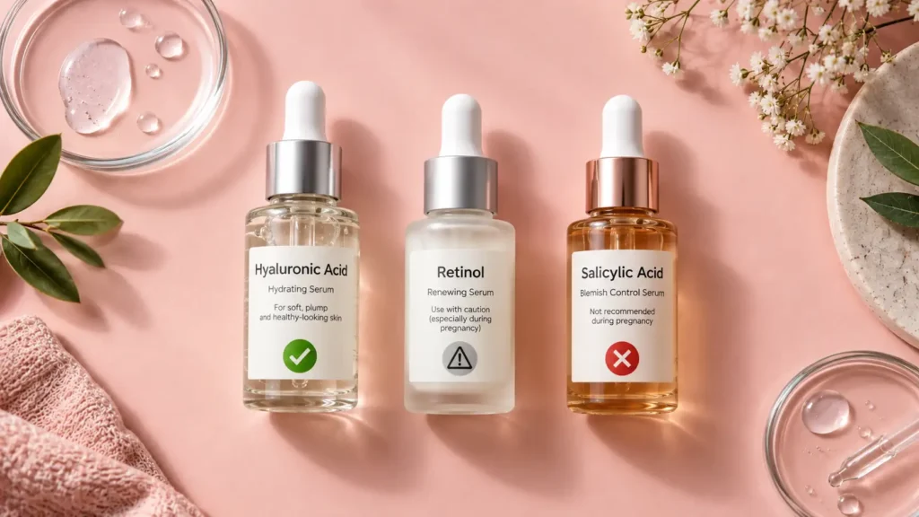 Three skincare bottles marked safe, caution, and avoid, illustrating pregnancy skincare ingredient categories
